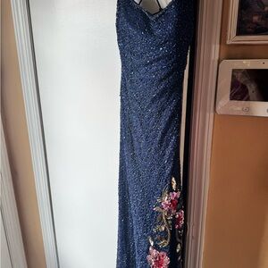 Primavera Couture Navy Beaded Prom Gown with Pink Floral Embroidery